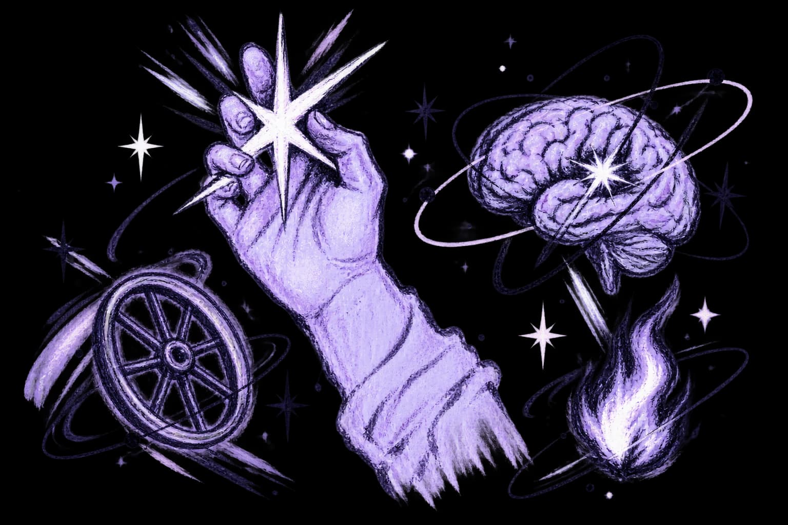 Hand holding a star beside a brain, wheel, flame, and orbiting marks
