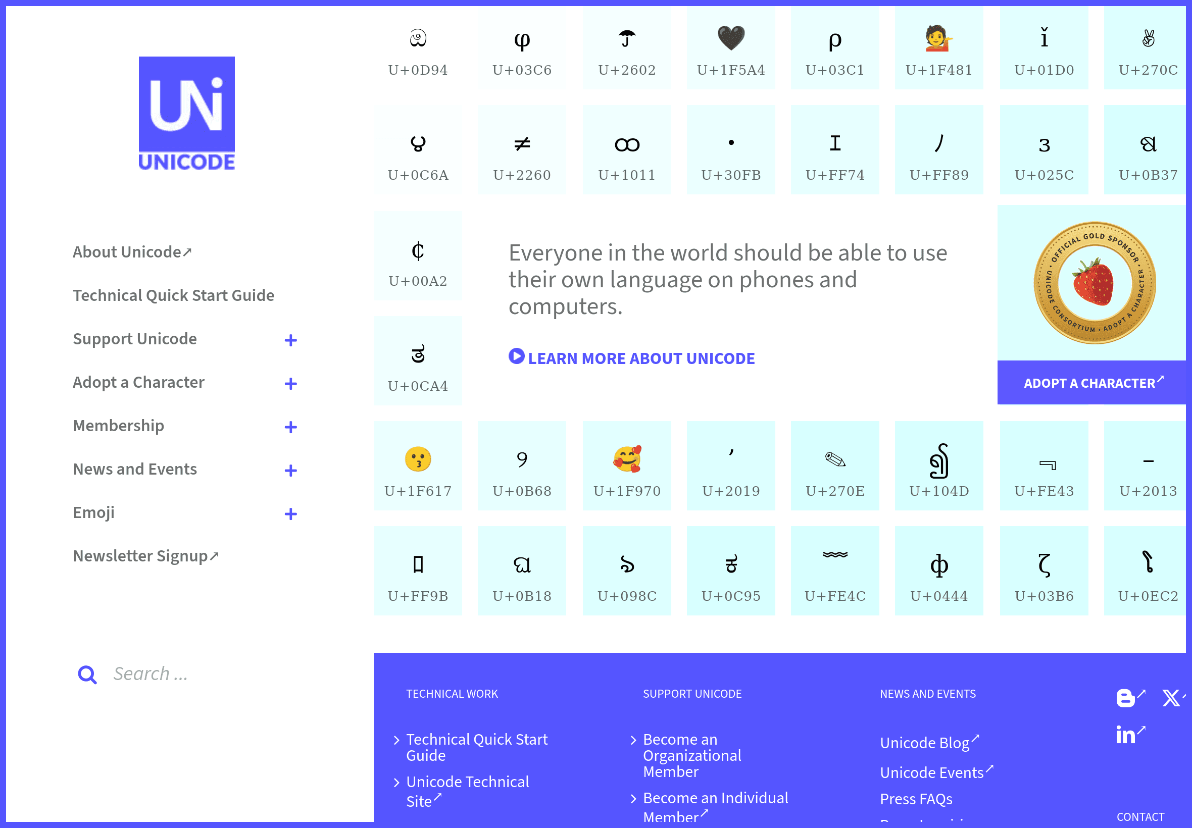 Redesigned Unicode Consortium homepage showing its navigation, character grid, and mission statement