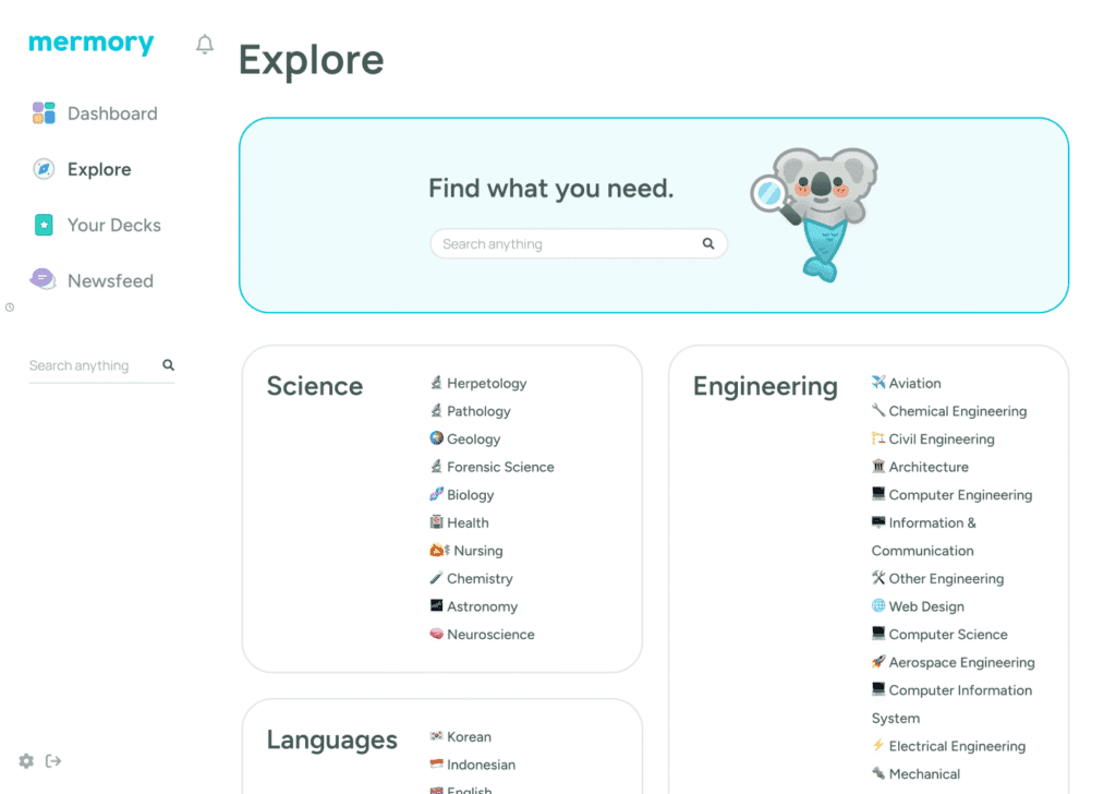 Mermory social discovery view for flashcard packs