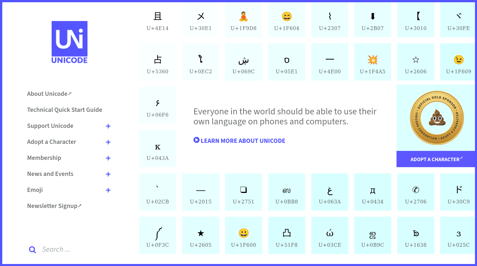 Redesigned Unicode.org homepage with a character grid and mission statement