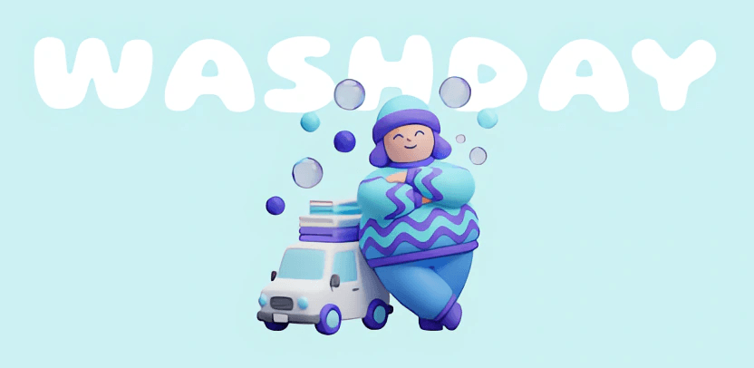 Washday illustration with a laundry customer and delivery van