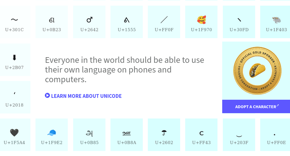 Unicode website showing characters from languages around the world and its Adopt a Character program