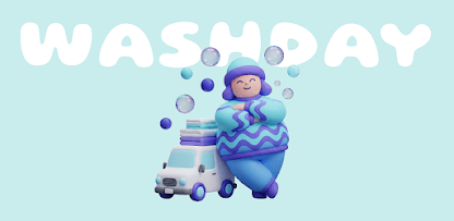 Washday app artwork featuring a laundry delivery van and a character carrying folded clothes