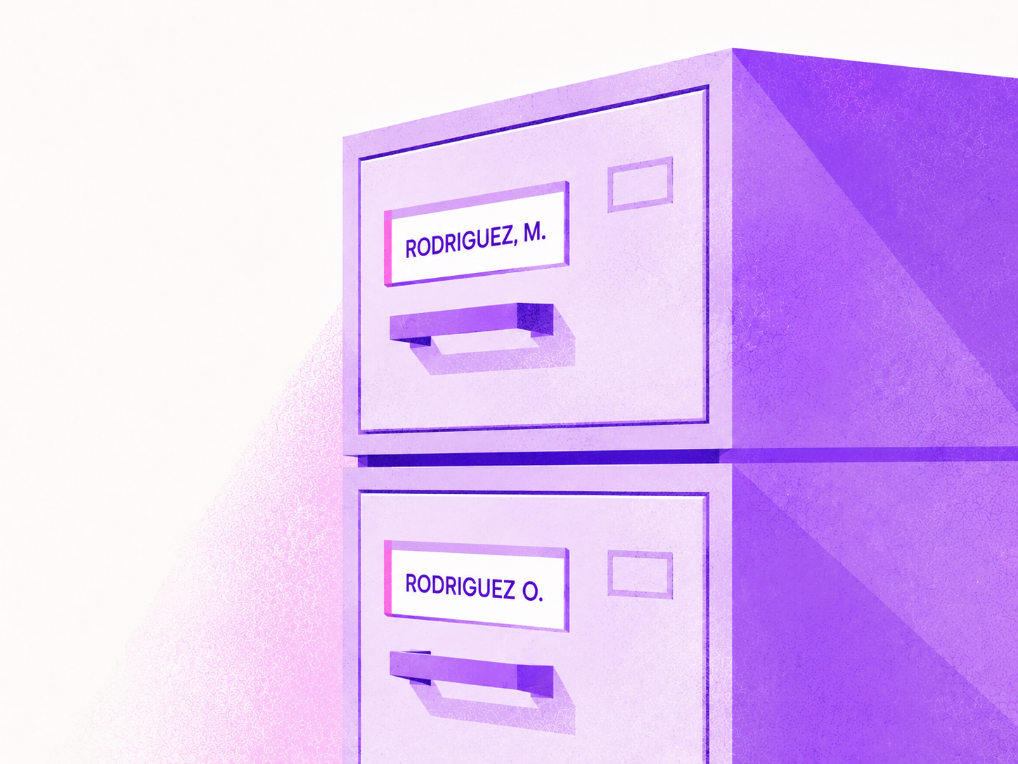 Illustration of customer files separated into individual filing drawers.