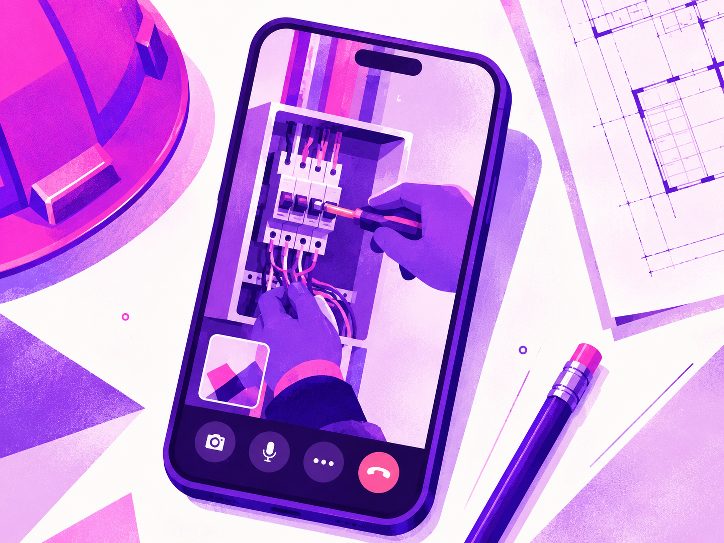 Illustration of a subcontractor using a phone to document electrical work beside construction plans.